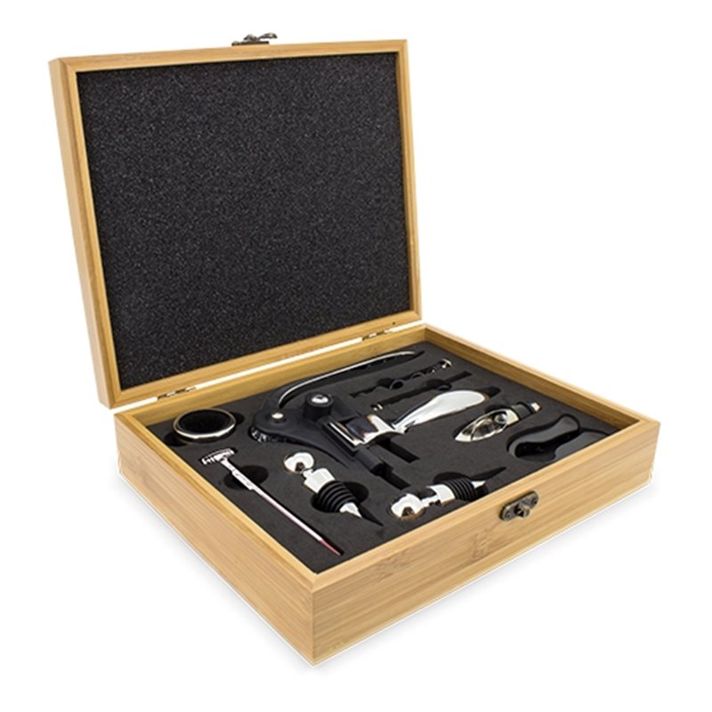 Set de vino profesional en caja bambú con 10 accesorios para el vino · Koala Rojo, Merchandising promocional y personalizado