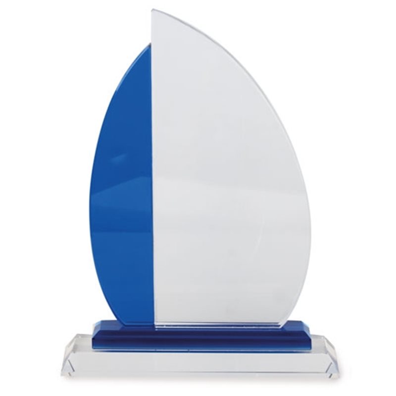 Trofeo de cristal bicolor en forma de barco velero con estuche · Koala Rojo, Merchandising promocional y personalizado