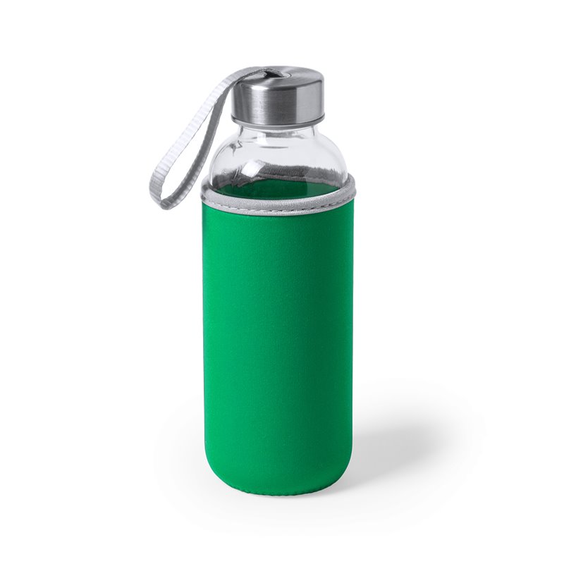 Bidon cristal 420ml con funda verde de neopreno en colores y tapon en inox · Koala Rojo, Merchandising promocional y personalizado