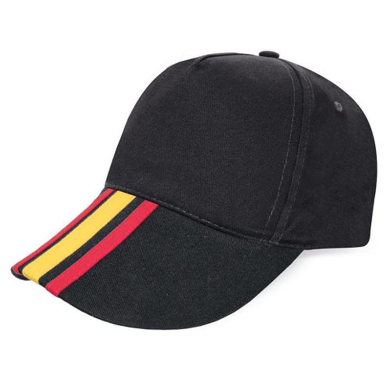 Gorra negra España con bandera española en visera formada por 3 tiras verticales rojo amaillo y rojo · Koala Rojo, Merchandising promocional y personalizado