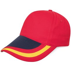Gorra bicolor España en rojo y visera en azul marino con detalle original de bandera española · Merchandising promocional de España · Koala Rojo