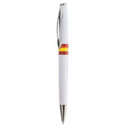 Boligrafo España giratorio de plástico blanco y metal con detalle bandera en cuerpo · Merchandising promocional de España · Koala Rojo