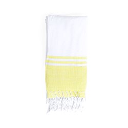 Pareo toalla con flecos en blanco y amarillo con cara posterior absorbente acabado en rizo · KoalaRojo, Artículo promocional y personalizado