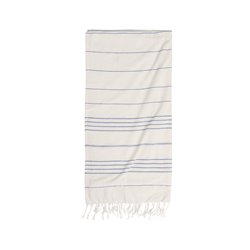 Pareo toalla playa con flecos en blanco y rayas azules 50% algodón orgánico y 50% poliéster, parte trasera · KoalaRojo, Artículo promocional y personalizado