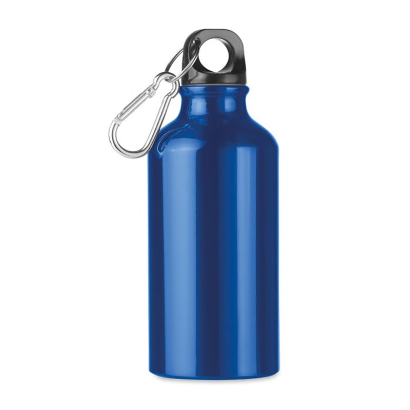 Botella mini de aluminio azul clásica con tapón negro y mosquetón. Capacidad 400ml · Koala Rojo, Merchandising promocional y personalizado