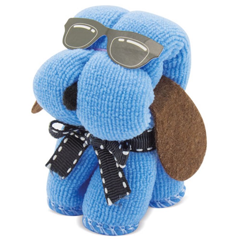 Toallita perrito azul en microfibra en forma de perrito con gafas de sol · Koala Rojo, Merchandising promocional y personalizado