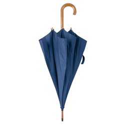 Paraguas azul oscuro con eje y puntas en madera y mango curvo en madera · KoalaRojo, Artículo promocional y personalizado