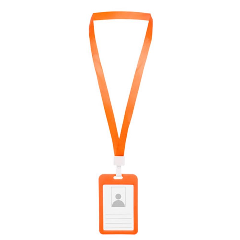 Lanyard naranja con porta acreditación vertical en color a juego · Koala Rojo, Merchandising promocional y personalizado