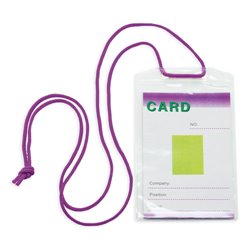 Identificador vertical transparente con cordón de seguridad en lila o morado · Merchandising promocional de Identificadores · Koala Rojo