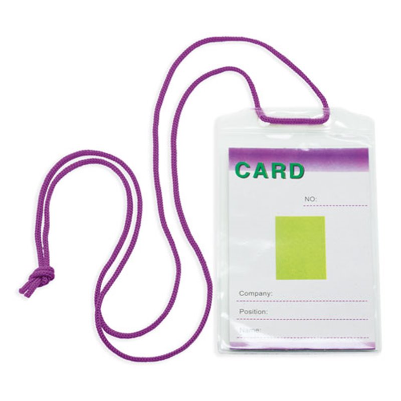Identificador vertical transparente con cordón de seguridad en lila o morado · Koala Rojo, Merchandising promocional y personalizado