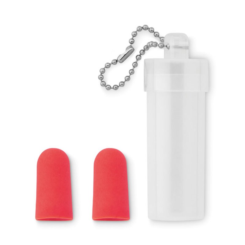 Tapones de viaje rojos presentado en tubo de plástico con cadenita llavero · Koala Rojo, Merchandising promocional y personalizado