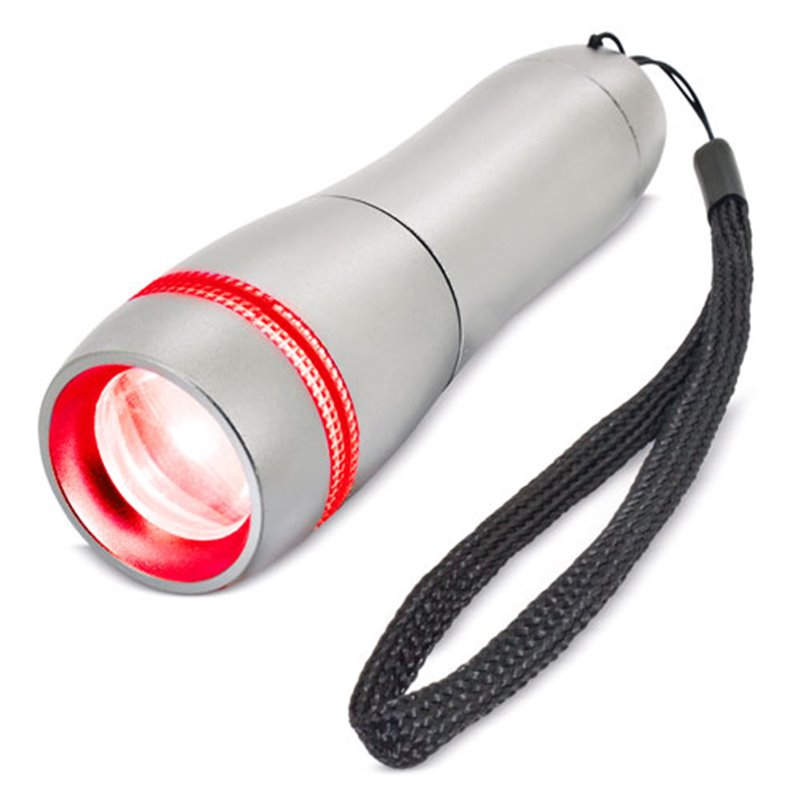 Linterna LED roja con luz azul de enfoque y efecto flash light · Koala Rojo, Merchandising promocional y personalizado