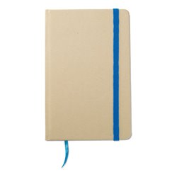 Cuaderno A6 con banda elástica azul y tapa rígida en material reciclado