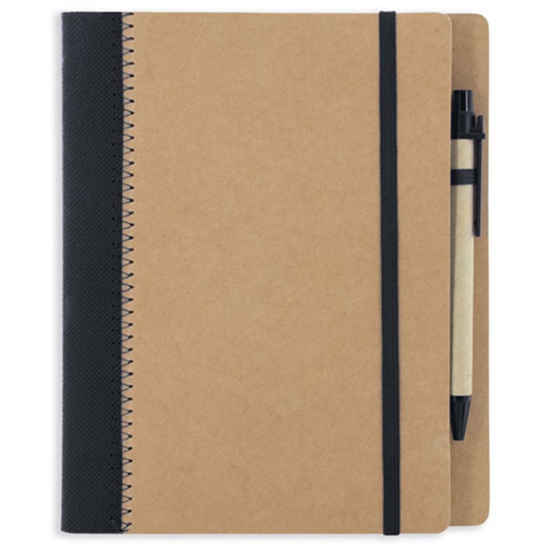 Cuaderno en cartón reciclado y negro con costuras goma elástica y bolígrafo · Koala Rojo, Merchandising promocional y personalizado