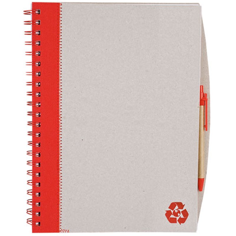 Libreta A4 cartón reciclado y rojo con detalle costuras y bolígrafo a juego · Koala Rojo, Merchandising promocional y personalizado