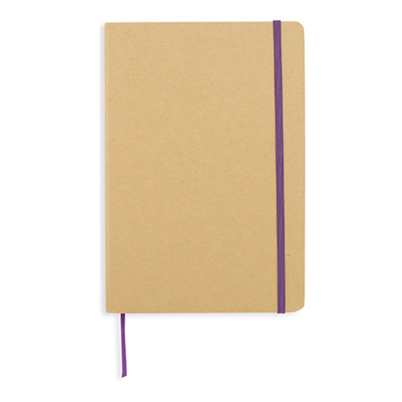 Bloc o cuaderno A5 cartón ecológico lila o morado con goma elástica y marcapáginas · Koala Rojo, Merchandising promocional y personalizado