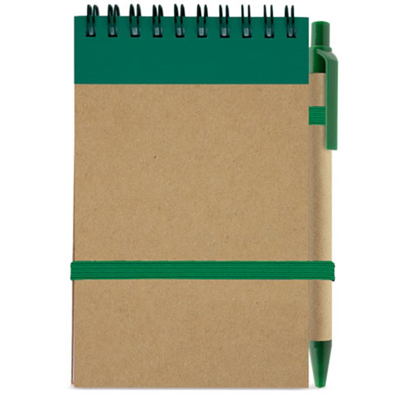 Bloc de notas vertical con tapas de cartón y verde con boligrafo reciclado · Koala Rojo, Merchandising promocional y personalizado