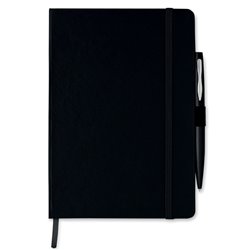 Cuaderno A5 de hojas rayadas de tapa rígida negra con banda elástica y bolígrafo   · KoalaRojo, Artículo promocional y personalizado