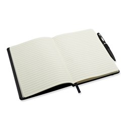 Cuaderno A5 hojas rayadas de tapa rígida banda elástica y bolígrafo  
