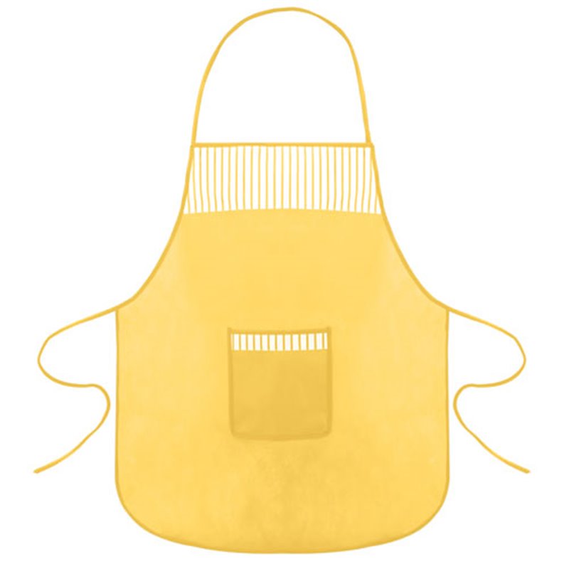 Delantal básico con bolsillo en combinado amarillo con rayado blanco y ribete a juego · Koala Rojo, Merchandising promocional y personalizado