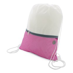 Bolsa mochila de cuerdas en blanco y fucsia con bolsillo rejilla de cremallera y salida de auriculares · KoalaRojo, Artículo promocional y personalizado