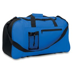Bolsa de deporte azul y negra con un bolsillo frontal y bolsillo de rejilla