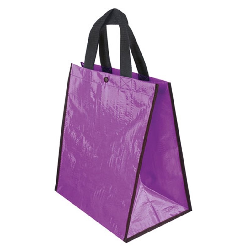 Bolsa en plástico laminado brillo lila o morado con ribete y asas en negro · Koala Rojo, Merchandising promocional y personalizado