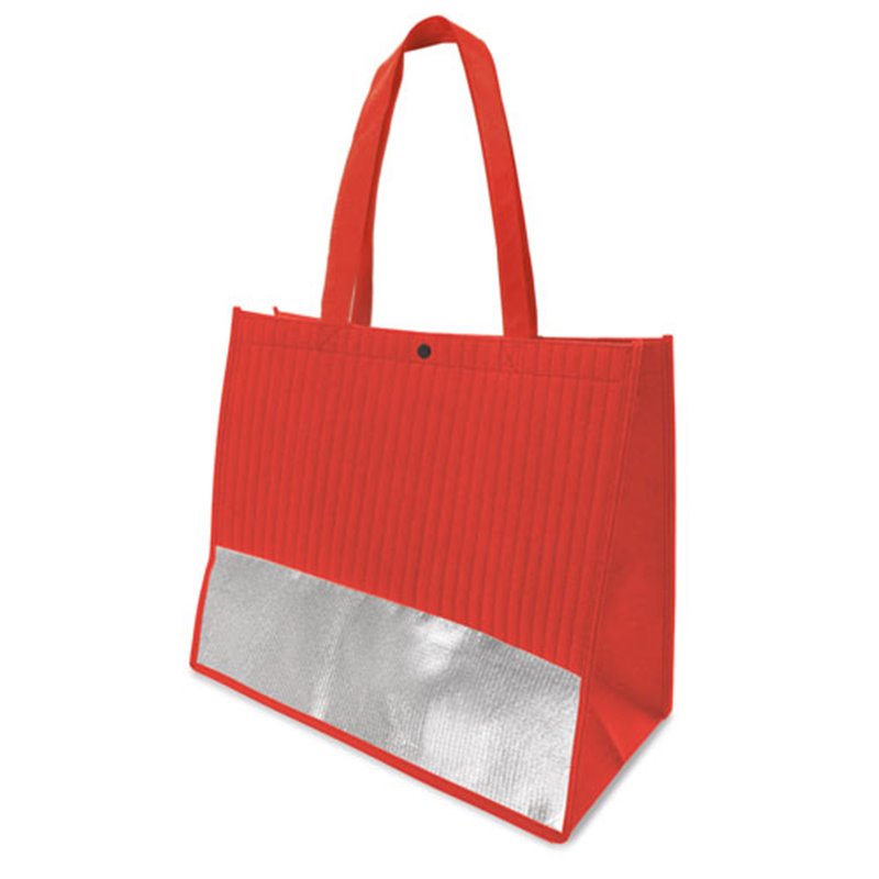 Bolsa de asas largas roja con franja metalizada en plata y textura almohadillada · Koala Rojo, Merchandising promocional y personalizado