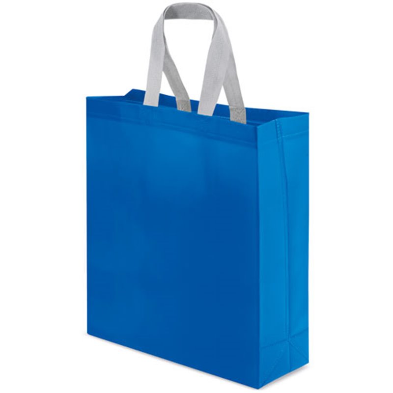 Bolsa grande vertical en laminado mate azul con asas cortas grises · Koala Rojo, Merchandising promocional y personalizado