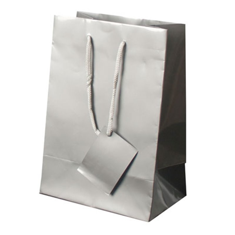 Bolsa de regalo en papel plastificado plateado con asa de cordón y etiqueta · Koala Rojo, Merchandising promocional y personalizado