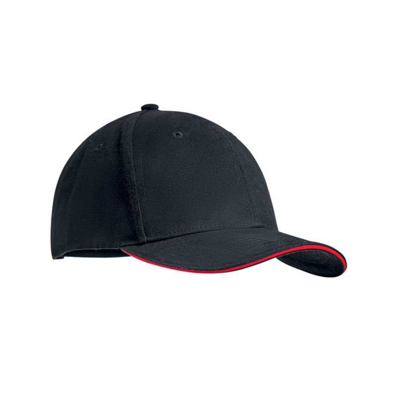 Gorra con visera sandwich negro rojo en algodón grueso peinado 6 paneles · Koala Rojo, Merchandising promocional y personalizado