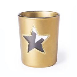 Portavelas dorado en vaso de cristal con dos estrellas perfiladas en purpurina · Merchandising promocional de Fiestas y Celebraciones · Koala Rojo
