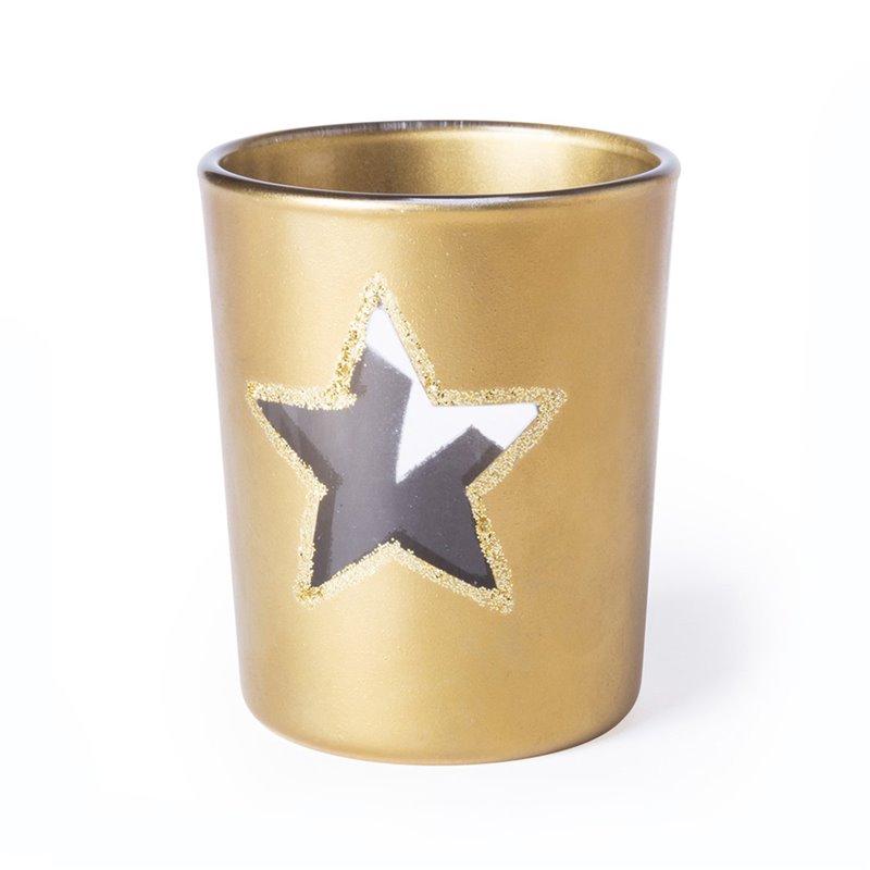 Portavelas dorado en vaso de cristal con dos estrellas perfiladas en purpurina · Koala Rojo, Merchandising promocional y personalizado
