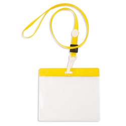 Lanyard amarillo con porta acreditación horizontal y franja en color a juego · KoalaRojo, Artículo promocional y personalizado