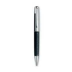 Bolígrafo metálico cromado con aplique en piel y costuras vistas