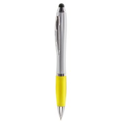 Bolígrafo puntero ergonómico plateado con zona de agarre soft en amarillo · Merchandising promocional de Escritorio y Oficina · Koala Rojo