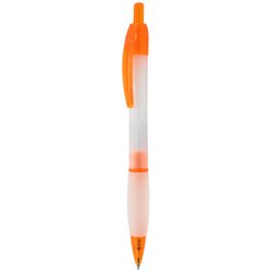 Bolígrafo blanco traslúcido con detalles naranjas y escritura azul · Merchandising promocional de Escritorio y Oficina · Koala Rojo