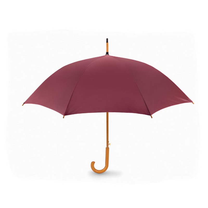 Paraguas automático burdeos con puntas y mango curvo en madera        · Koala Rojo, Merchandising promocional y personalizado
