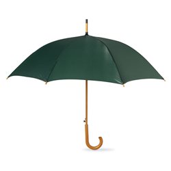 Paraguas automático verde oscuro con puntas y mango curvo en madera       