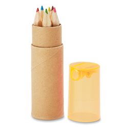 Estuche tubo cilíndrico de cartón con 6 colores y tapón sacapuntas amarillo transparente · Merchandising promocional de Pintar y Colorear · Koala Rojo
