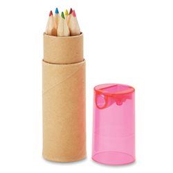 Estuche tubo cilíndrico de cartón con 6 colores y tapón sacapuntas rosa transparente · KoalaRojo, Artículo promocional y personalizado