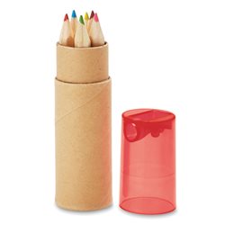 Estuche tubo cilíndrico de cartón con 6 colores y tapón sacapuntas rojo transparente