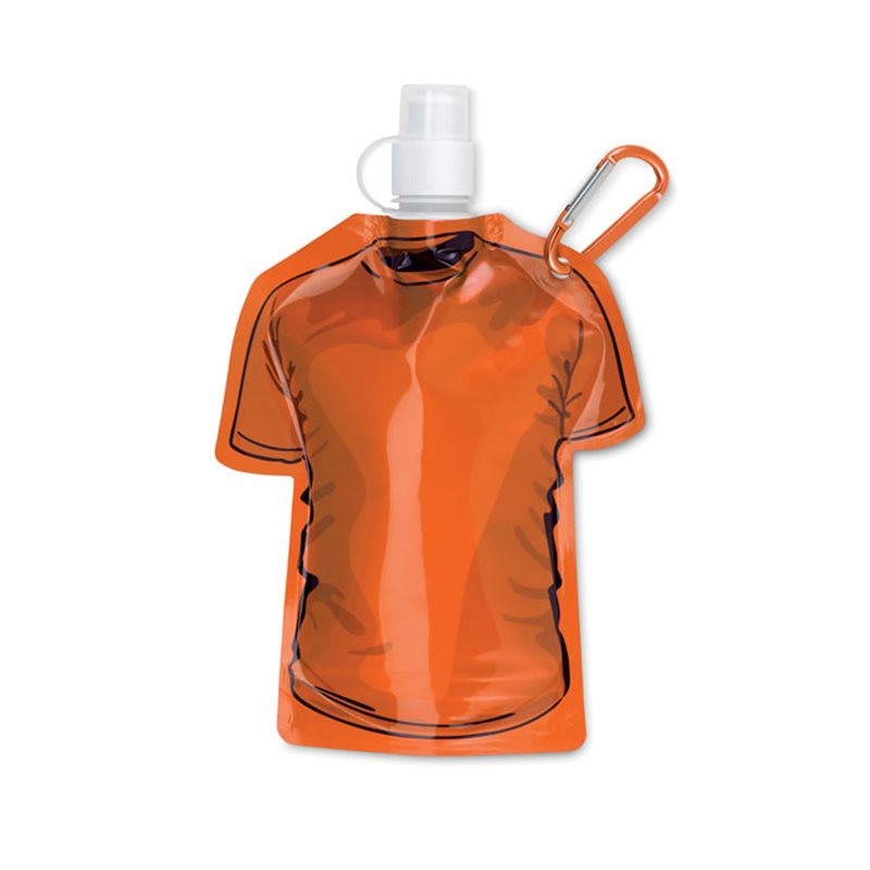Botellín camiseta naranja plegable en forma de camiseta deportiva con tapón y mosquetón