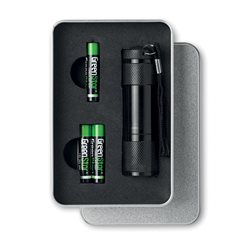 Linterna LED de aluminio negro con correa y pilas en caja metálica con tapa · KoalaRojo, Artículo promocional y personalizado