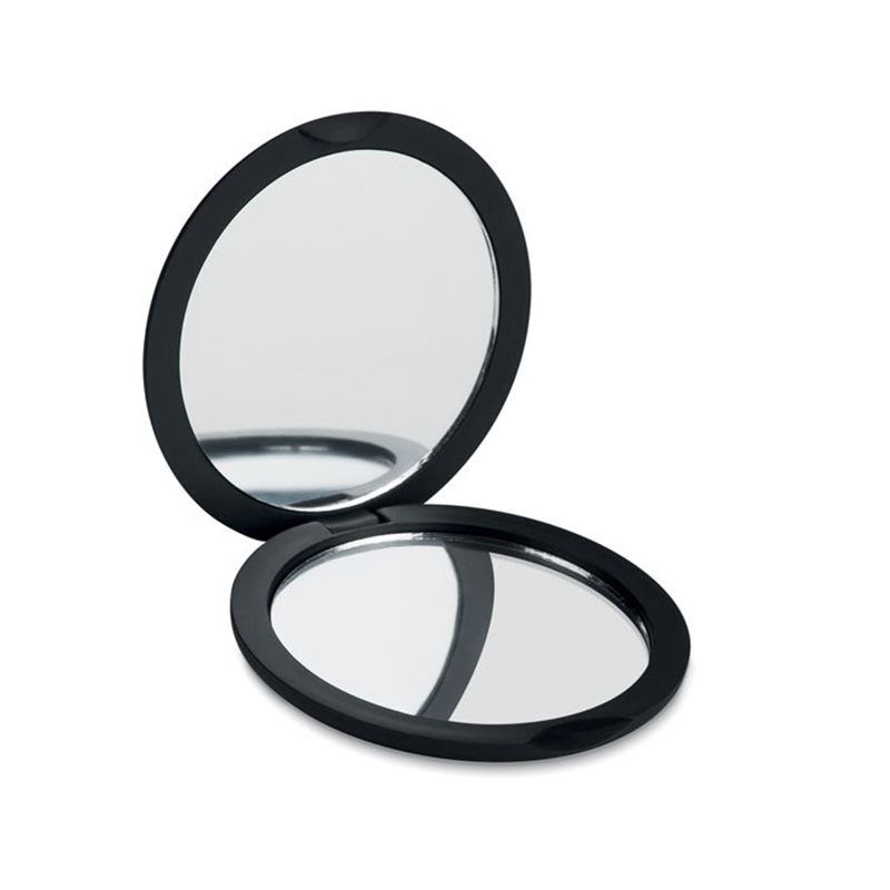 Espejito doble de bolso circular en goma negra con espejo normal y de aumento