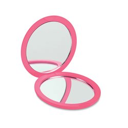 Espejito doble de bolso circular en goma rosa con espejo normal y de aumento