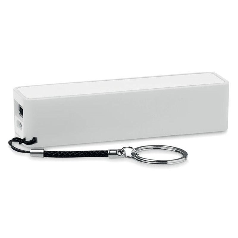Power Bank 2200 mAh rectangular clásico blanco y cordón con anilla llavero