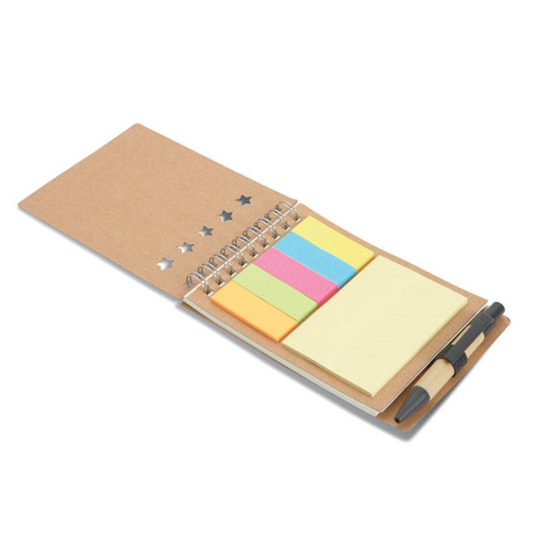 Bloc de notas vertical con marcadores de colores adhesivos y bolígrafo a juego