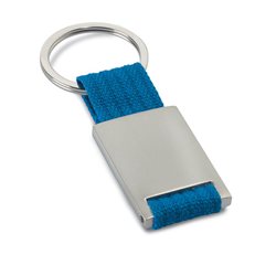 Llavero rectangular metálico con tira en poliéster azul y anilla plana