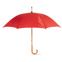 Paraguas manual rojo con puntas y mango curvo en madera
